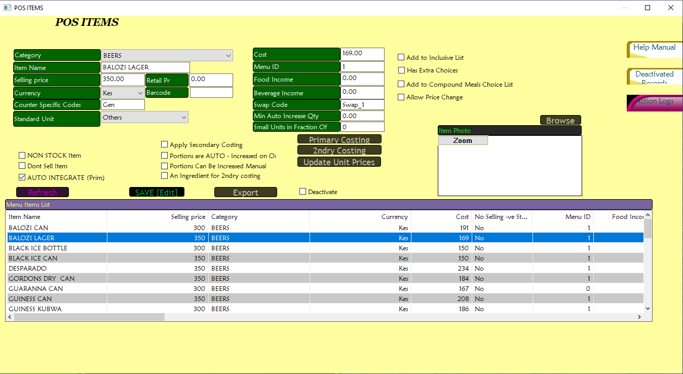 POS Items B.O window