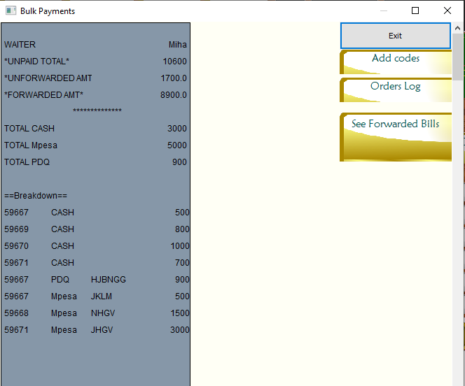 Bulk payments window