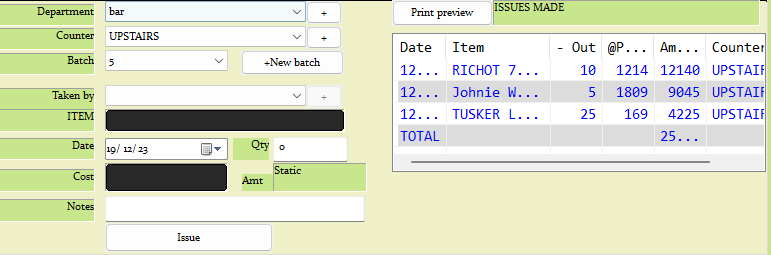 Issue stocks section