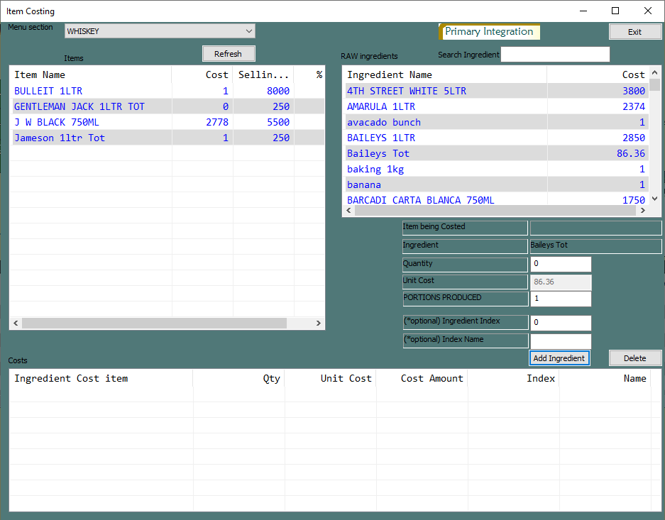 Item costing window