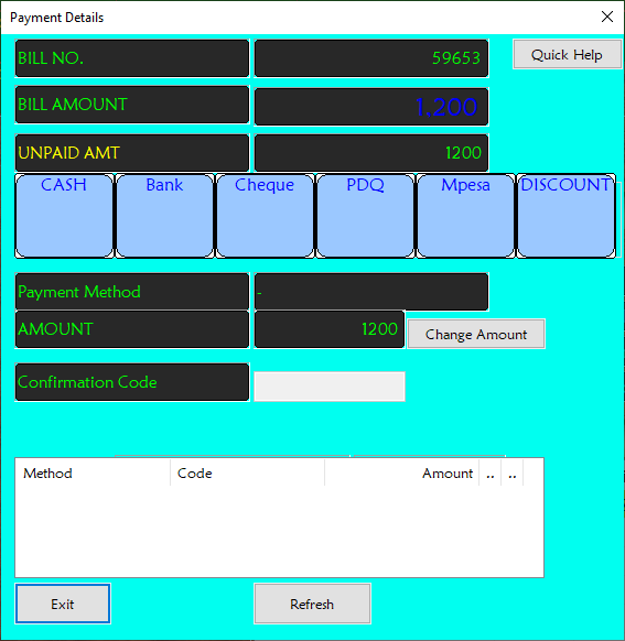 The payment details window