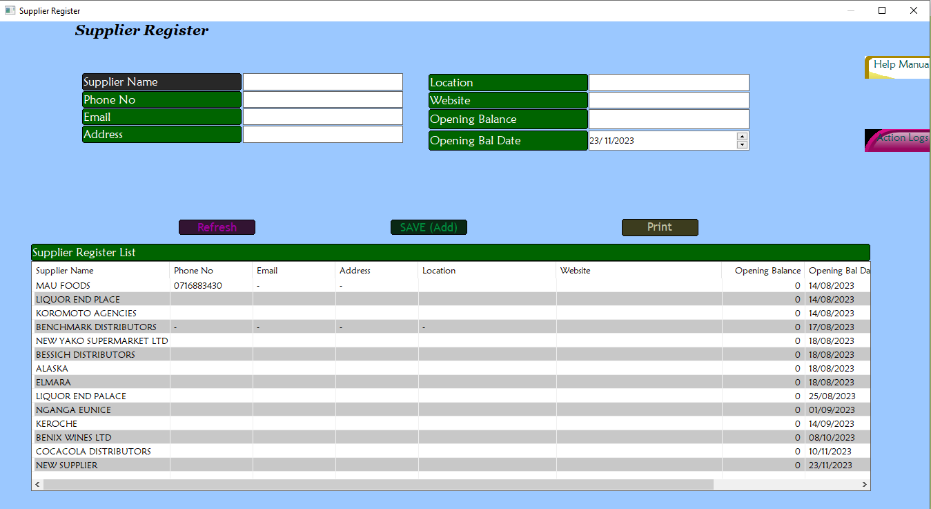 Supplier register window