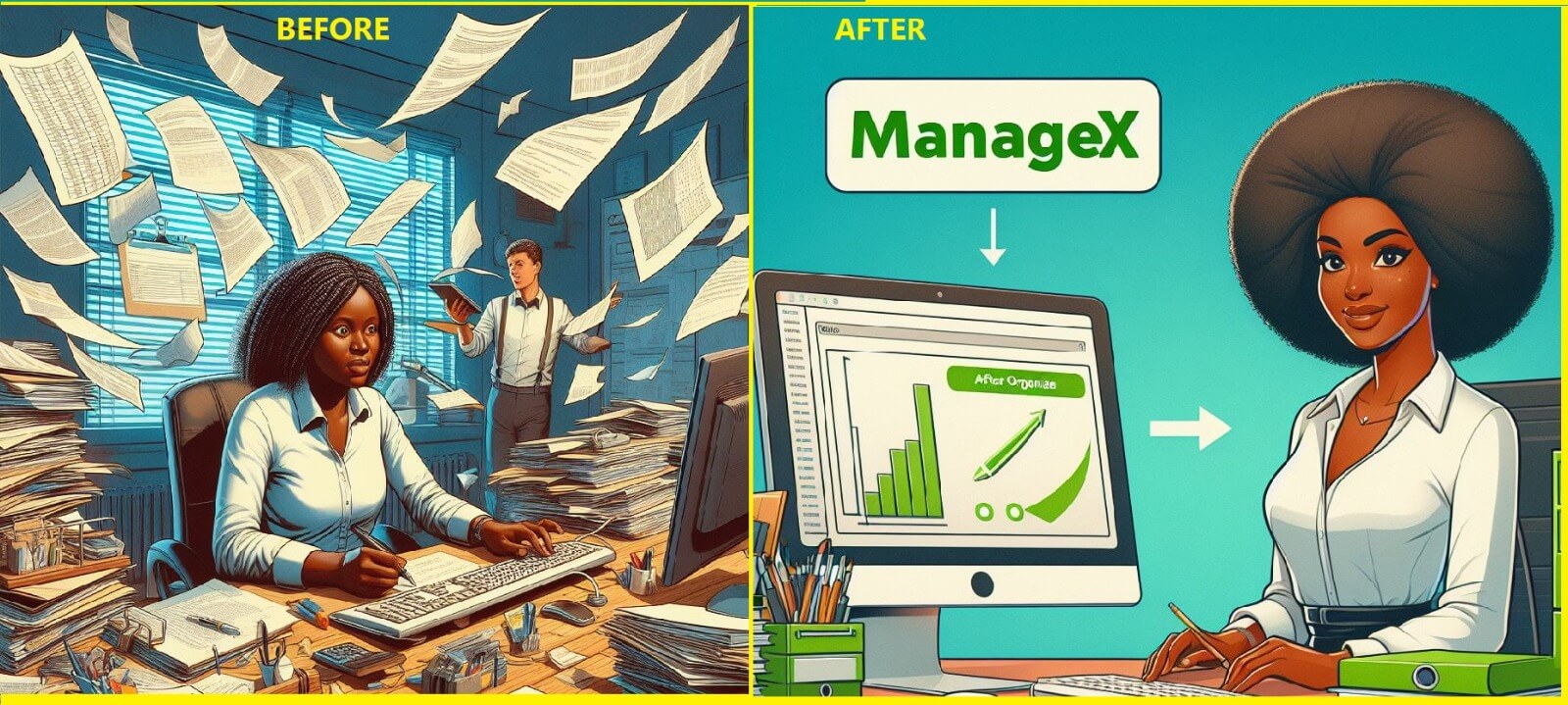 before and after cartoon illustration image of using manageex vs without