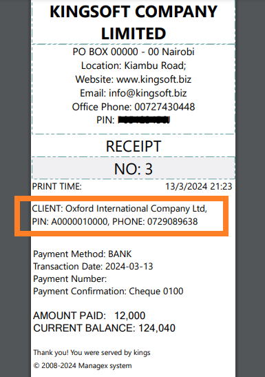 Sample receipt with client details